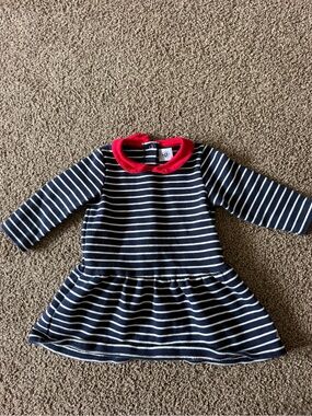 Petit Bateau Striped Navy and White Dress with Red Collar